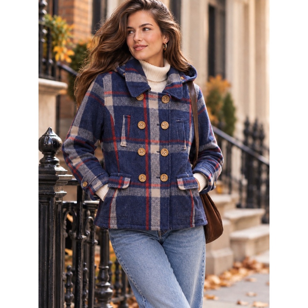 American Eagle Pea Coat Womens Medium Blue Red Plaid Wool Blend Hooded Excellent